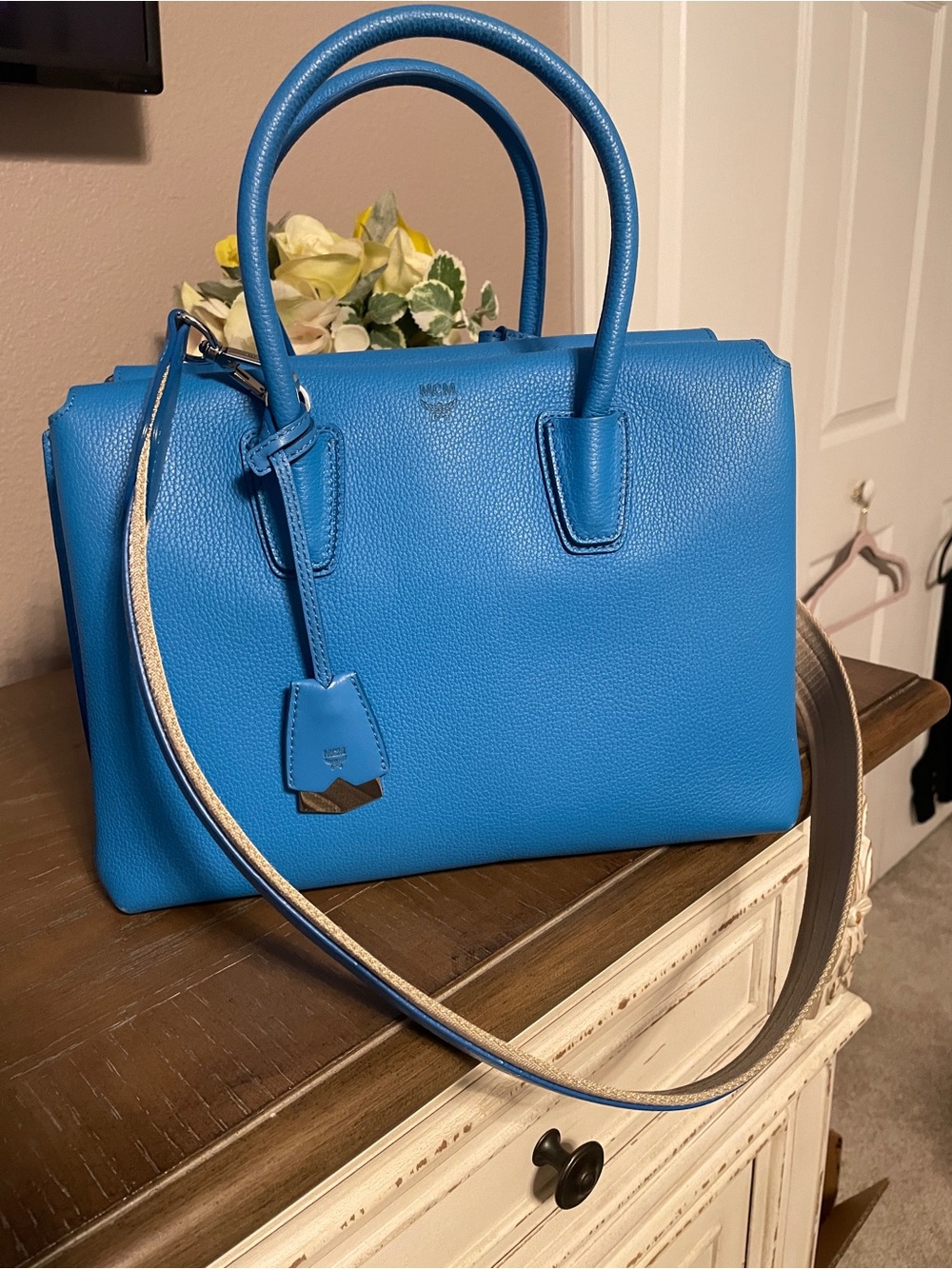 MCM Milla Tote Sky Blue pebbles Calf Skin Leather Structured Satchel Handbag